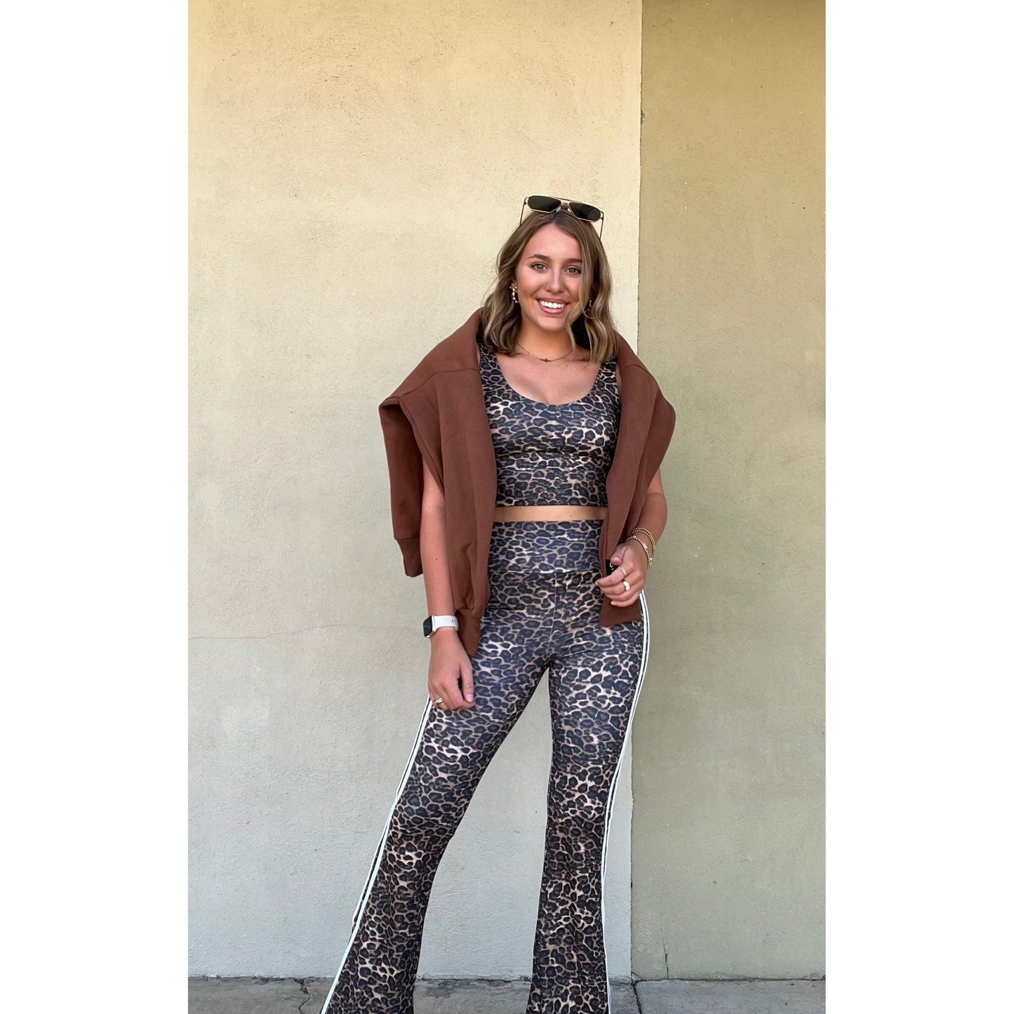 Leopard Print High Waist Flare Pants with Side Stripe