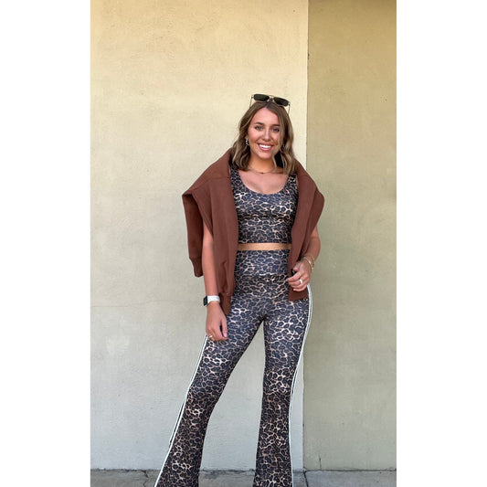 Leopard Print High Waist Flare Pants with Side Stripe