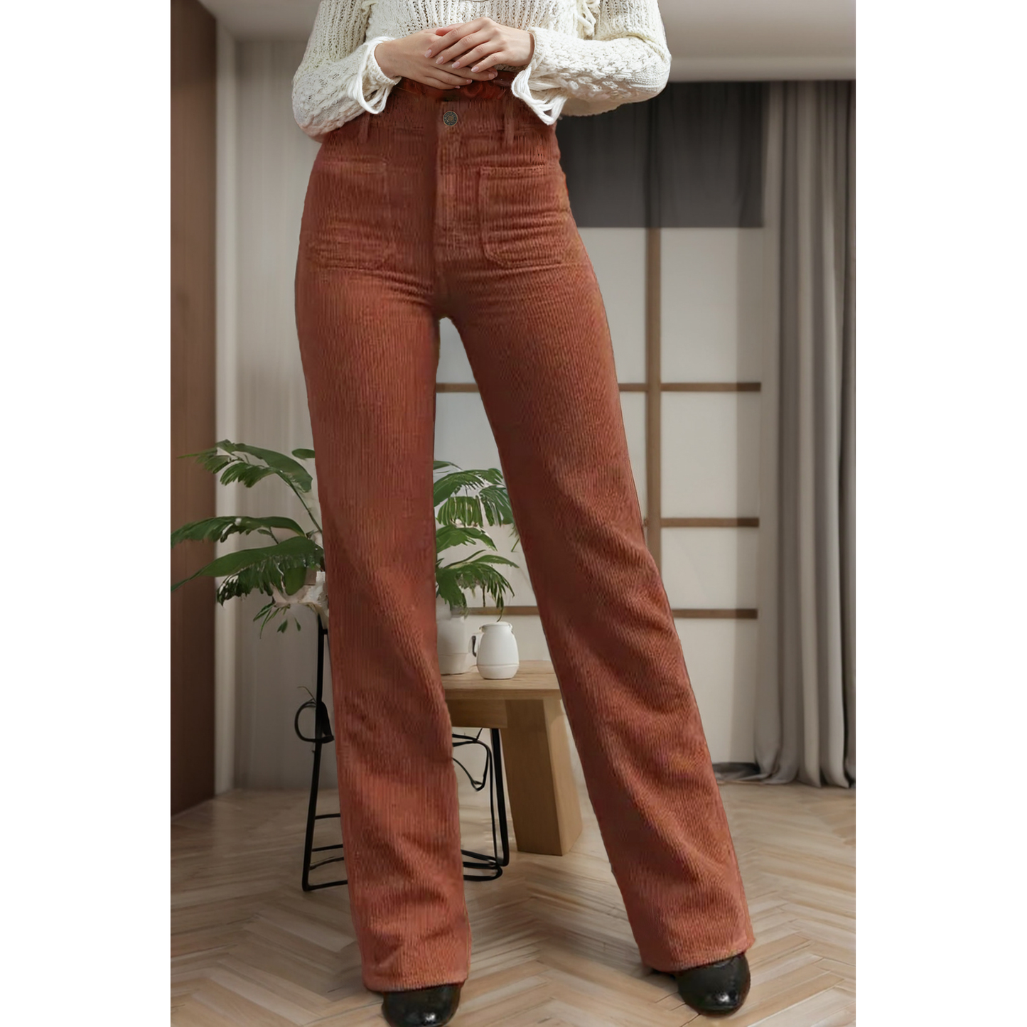 High Waist Square Pockets Corduroy Pants