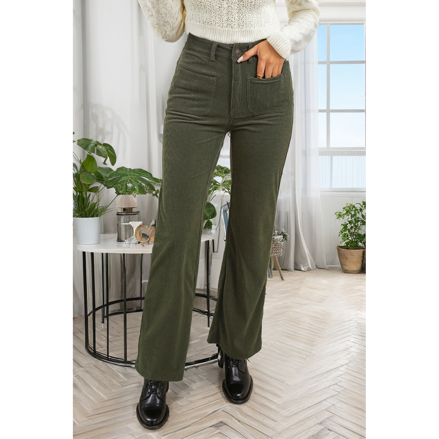 High Waist Square Pockets Corduroy Pants