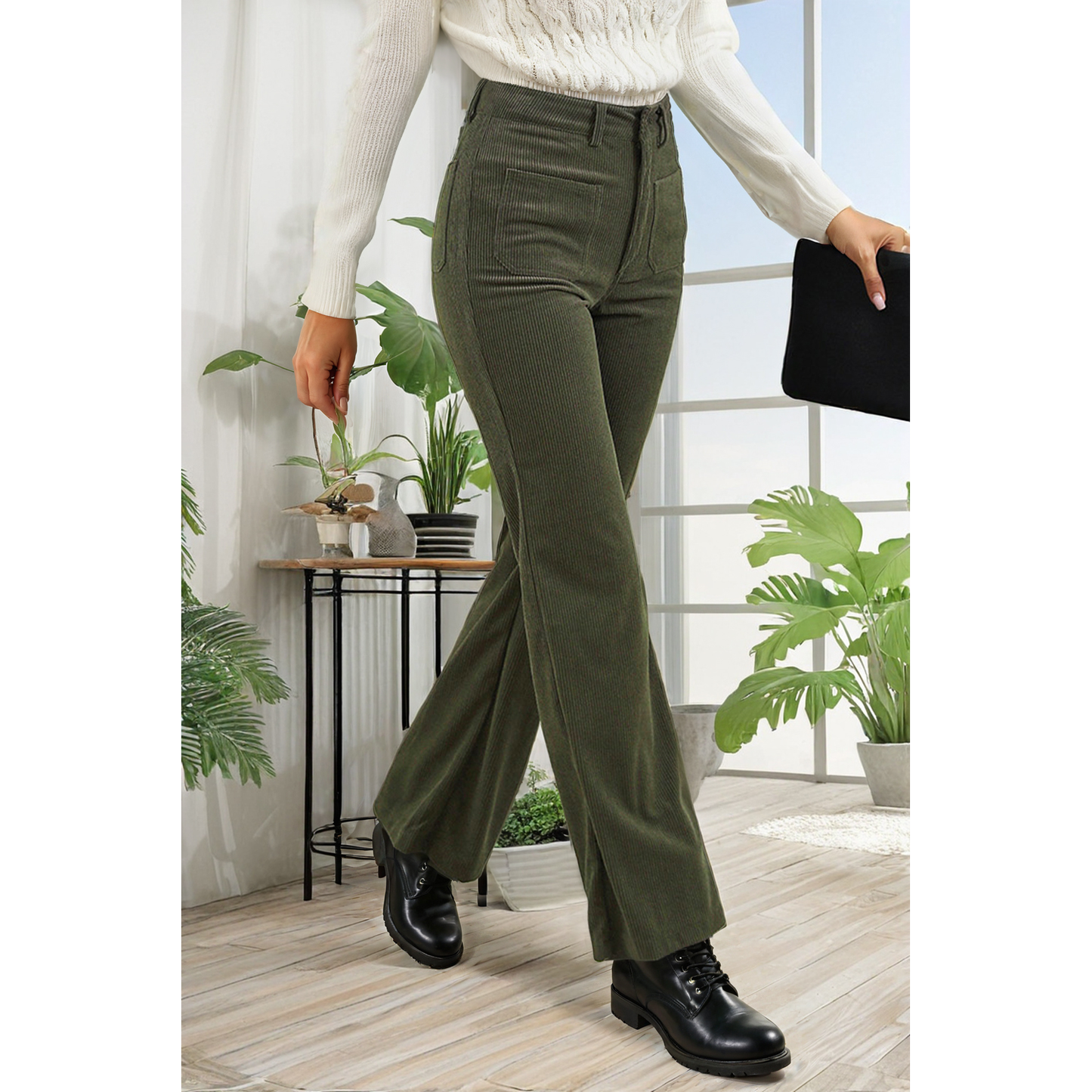 High Waist Square Pockets Corduroy Pants