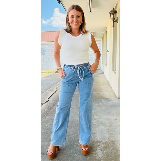 High Rise Elastic Wide Leg Jeans